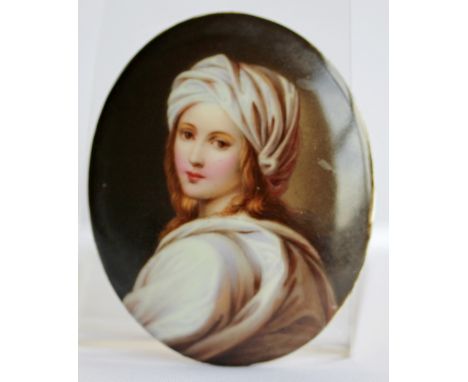 A CONTINENTAL PORCELAIN OVAL PLAQUE IN THE DRESDEN MANNER, printed and painted in colours with half length portrait of a youn