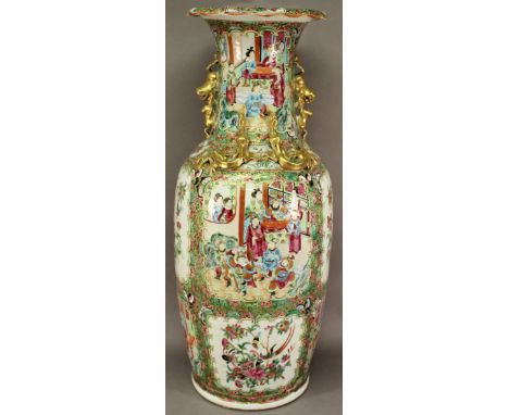 A CHINESE CANTON FAMILLE ROSE PORCELAIN VASE with everted rim and neck applied with gilt foo dogs and salamanders, the body d