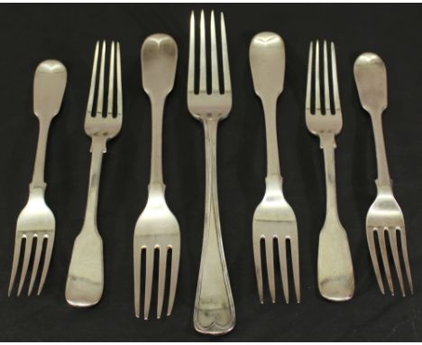 A GROUP OF 19TH CENTURY SILVER FLATWARE comprising seven forks with various marks, six fiddle pattern and one Hanovarian thre