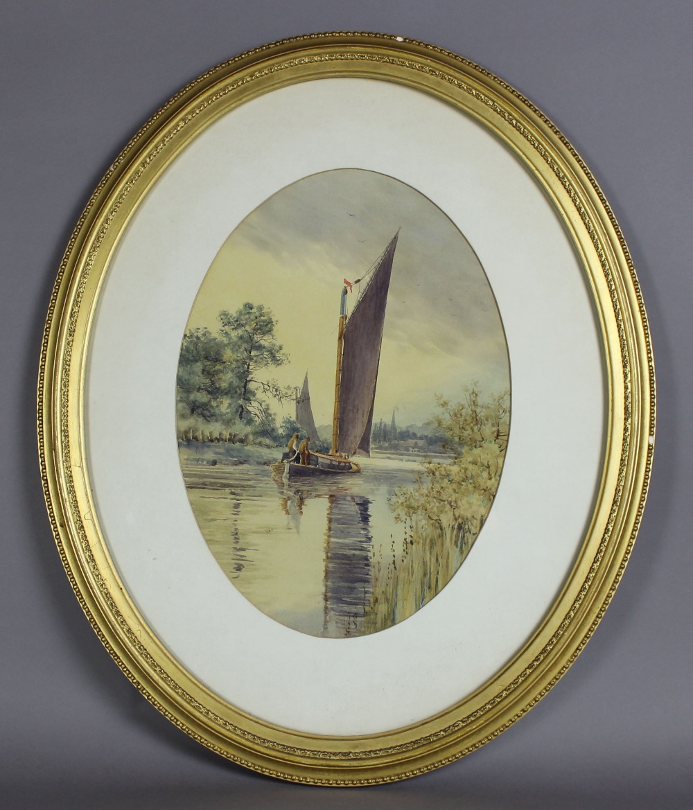 R.G. BATCHELOR (?) RIVER LANDSCAPE WITH CANAL BOAT ...