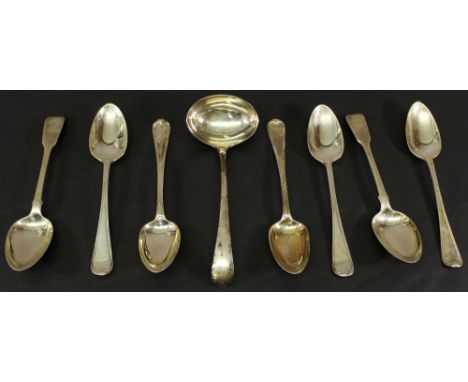 A GROUP OF EIGHT 19TH CENTURY SILVER SPOONS various dates and patterns, including a sauce ladle. (8) 340grams CONDITION: Gene