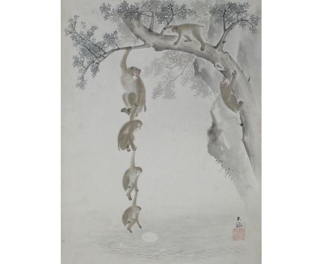 EARLY 20TH CENTURY JAPANESE SCHOOL - WATERCOLOUR - CHAIN OF MONKEYS HANGING FROM A BRANCH, 32cm x 24.5cm, signed and with red