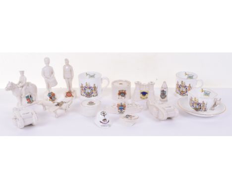 Selection of Great War Period Crested China, including scarce figure of Royal Flying Corps Officer standing at attention with