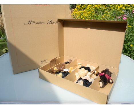 Steiff Limited Edition 038808 Millennium Band, with five Bears each with instrument, wooden stage with curtains and musical b
