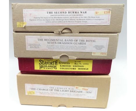 Britains Limited Editions sets 5185 Seaforth Highlanders (outer missing), 00102 Band of the Royal Scots Dragoon Guards, 5296 