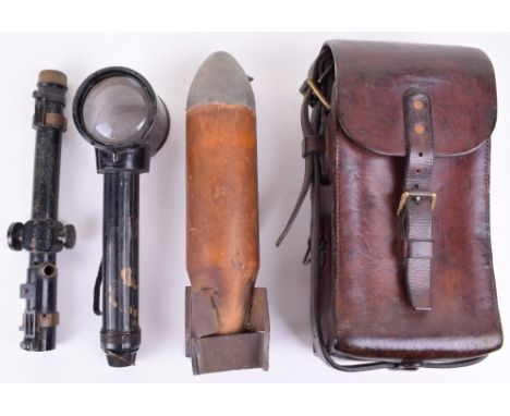 Military Equipment, aircraft float light wood with metal fins and front, Danish leather ammunition pouch, sight touch and sig