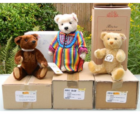 Three Steiff Limited Edition Bears including 670343 Museum Teddy 1999, reddish brown, 30cm, white tag, 01620, 1999, with bag 