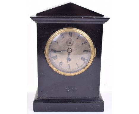 WW2 Royal Air Force (RAF) Officers Mess Mantle Clock, black finish wood furniture with silvered brass face with RAF and Kings