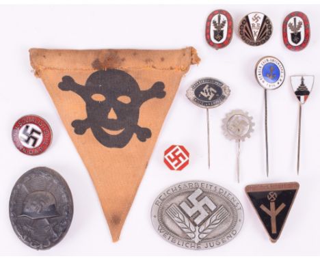 Selection of WW2 German / Third Reich Badges, including black wound badge, SS stick pin, 6x organisations enamel badges with 
