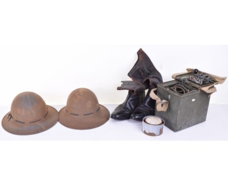 Military Equipment, consisting of Signalling lamp in box with strap, 2 WW2 home front helmets with liners, field cooker and p