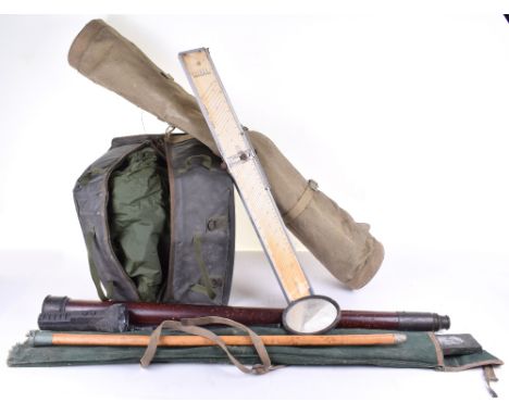 Military Equipment Spotting Telescope, aerial in web bag and fittings, fuse indicator chart, adjuster in web case dated 1944,