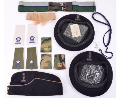 Royal Corps of Signals Officers Headdress and Accoutrements Grouping, consisting of Field service side hat with badge and but