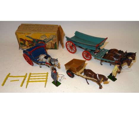 Britains set 4F Tumbrel Cart with Carter, horse and hayrakes in original colour illustrated box (Condition Very Good, one hay