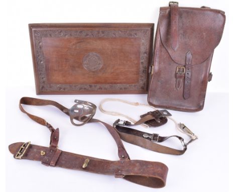 Carved Royal Army Medical Corps Wooden Tray, sword guard, Sam Browne army officers  belt with cross strap , Girl Guides belt 