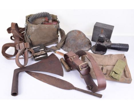 Mixed Militaria, WW2 army gas mask in bag, gun sight, home guard helmet, axe  head, spear head, web frog and other items. (13