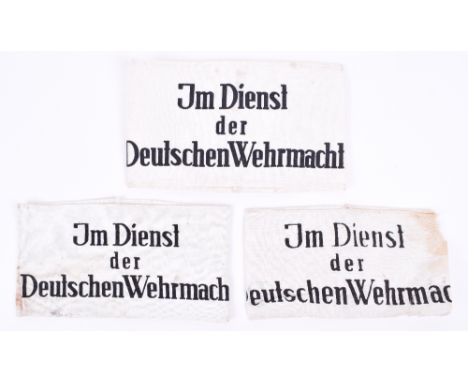 3x WW2 In Service of the German Army Armbands, variations of the printed black lettering on white armbands, “Jm Dienst der De