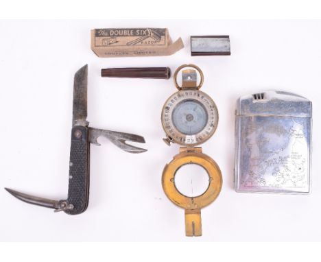 WW2 1943 Mk III Compass; Memory of Japan engraved lighter and cigarette case; British Army Jack knife and 1944 dated Razor in