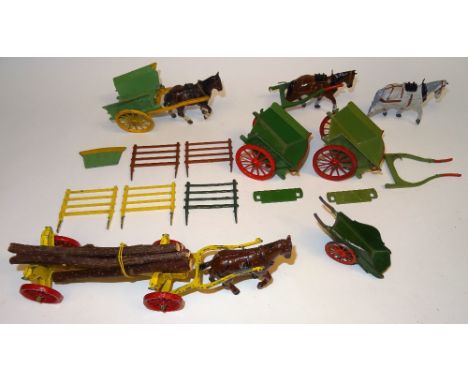 * Charbens Coster's Barrow and Tumbrel Cart Crescent Log Wagon, and two Britains Tumbrel carts (Condition Good, possibly some