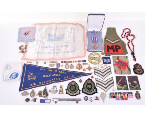 A Quantity of Military Cloth Badges, Buttons and Metal Badges, including MP sleeve badge, RAF officers Queens crown wire bull