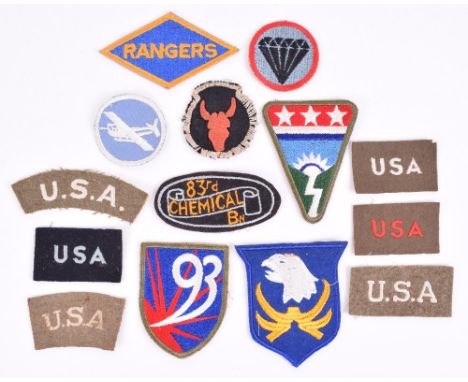 Selection of Mostly WW2 American Cloth Insignia, including 6x variations of USA nationality shoulder title, 93rd Chemical Mor