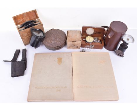 Mixed Military Items including WW1 mess tins, signal lamp spares in box, leather frog, AM dial , 2 books on county and greate