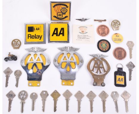 Quantity of AA Ephemera and Collectibles, including 6 x AA car badges, 15 x AA keys, key fob, Twenty years’ service cloth bad