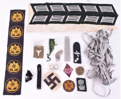 WW2 German Cloth Insignia, including NSKK silver wire bevo eagle, 5x uncut NSRL bevo sports badges, HJ flying shoulder board,