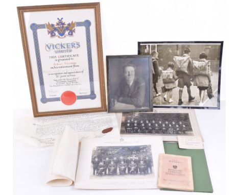 Mixed Ephemera, consisting of Vickers framed 50 year’s service certificate, 2 NFS photos, ENSA ticket, Austrian passport and 