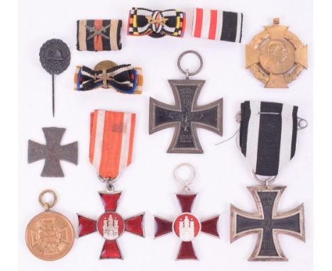 Imperial German Medals, including Hamburg enamel crosses no damage, Iron Cross second class, 4 ribbon bars, black wound badge