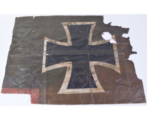 WW1 German Aircraft Fabric, reputed to have been taken from a crashed German Aircraft during WW1. The painted Iron Cross is t