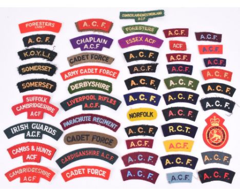 Quantity of Army Cadet Force Cloth Shoulder Titles, some being one piece and others in two parts with regimental title and AC