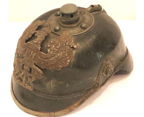 WWI Imperial German Prussian M15 Pickelhaube, lacking spike. P&amp;P Group 2 (£18+VAT for the first lot and £3+VAT for subseq