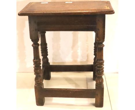 A 19th Century oak jointed stool, 48 x 33 x 55 cm H. Not available for in-house P&amp;P, contact Paul O'Hea at Mailboxes on 0