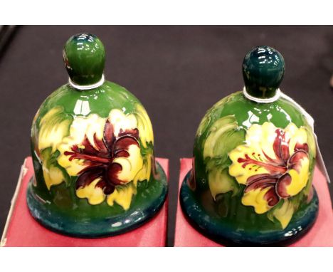 Two boxed 1983 Pansy pattern Moorcroft bells, H: 11 cm. P&amp;P Group 2 (£18+VAT for the first lot and £3+VAT for subsequent 