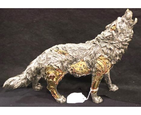 Steampunk style Howling Wolf figurine, H: 27 cm. P&amp;P Group 3 (£25+VAT for the first lot and £5+VAT for subsequent lots) 