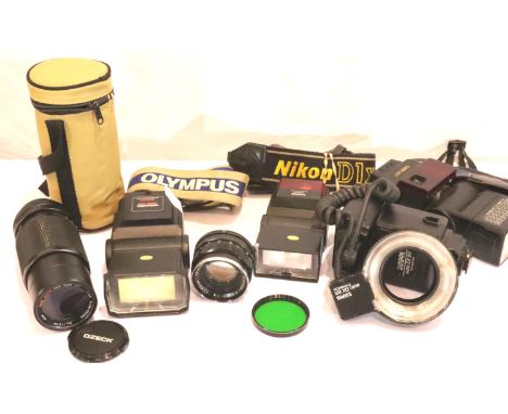 Mixed photographic accessories including Minolta Rokkor lens, flashes, camera slings etc. P&amp;P Group 3 (£25+VAT for the fi