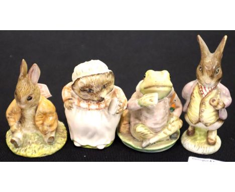 Four Royal Albert Beatrix Potter ceramic figurines including Benjamin Bunny, Mrs Tiggywinkle and Jeremy Fisher. P&amp;P Group