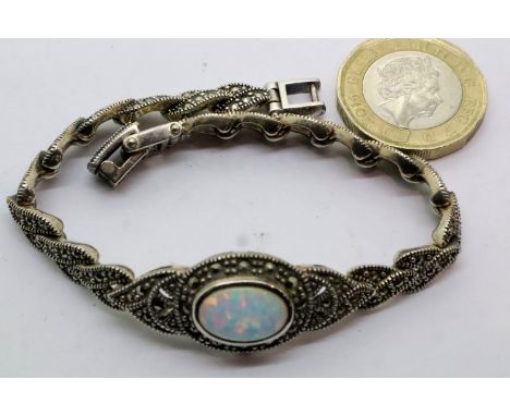 Opal and marcasite set 925 silver bracelet, 18g. P&amp;P Group 1 (£14+VAT for the first lot and £1+VAT for subsequent lots) 