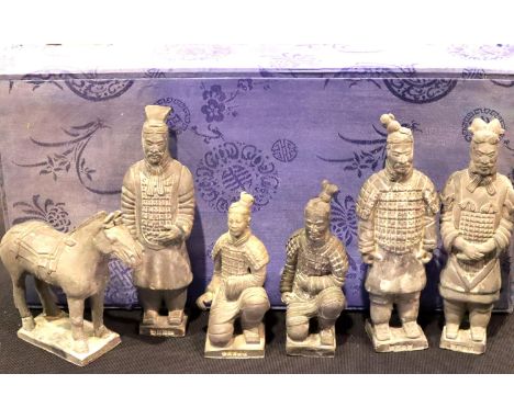 Six contemporary Chinese miniature Terracotta Warriors with Tang horse, boxed. P&amp;P Group 3 (£25+VAT for the first lot and