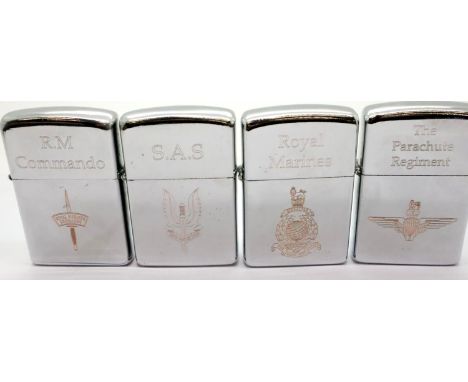 Four new windproof lighters with Royal Marines, SAS, Parachute Regiment and RM Commando logos. P&amp;P Group 1 (£14+VAT for t
