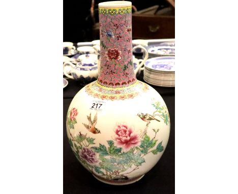 19thC large bulbous Chinese vase with bird and flower decoration, drilled for lamp base, H: 44 cm. Not available for in-house