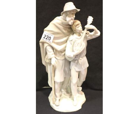 Lladro elderly man and boy with lute figurine. H: 37cm. P&amp;P Group 3 (£25+VAT for the first lot and £5+VAT for subsequent 