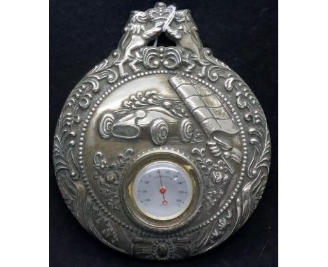 Silver plated racing car plaque set with barometer, 15 x 12 cm. P&amp;P Group 1 (£14+VAT for the first lot and £1+VAT for sub