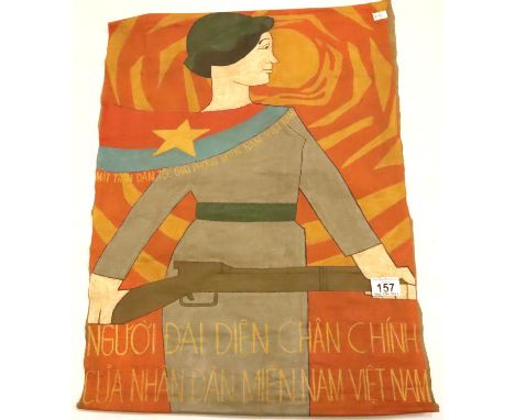 Vietnam war era hand painted cloth Propaganda poster. 44 x 60 cm. P&amp;P Group 2 (£18+VAT for the first lot and £3+VAT for s