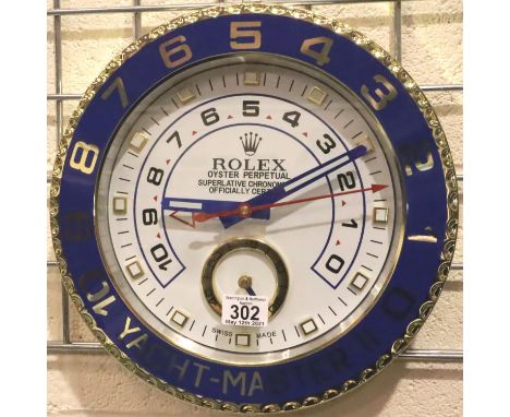 Dealers point of sale wall clock, Yachtmaster dial, sweeping second hand and working sub dial counting minutes. P&amp;P Group