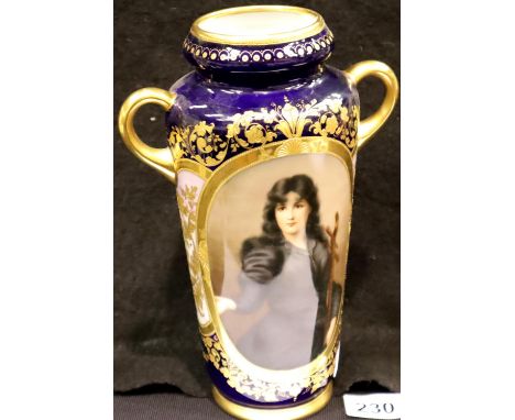 Royal Vienna good twin handled vase having large oval painted panel of a female portrait Josephine, the Beggar of the Bridge 