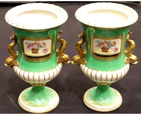 Pair of green ground Dresden flared neck vases with twin fish handles and painted panels, H: 35 cm (lacking lids). P&amp;P Gr