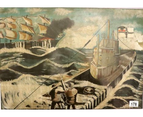 Oil on canvas depicting a WWI U-Boat attack, unsigned, 60 x 42 cm. P&amp;P Group 2 (£18+VAT for the first lot and £3+VAT for 