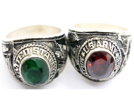 Two Vietnam era white metal class rings, Military Police and Army. P&amp;P Group 1 (£14+VAT for the first lot and £1+VAT for 