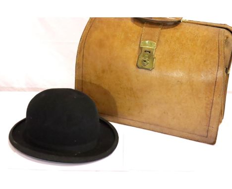 Tan leather vintage expanding briefcase with Cheney brass lock, together with a Perfect Oval bowler hat. P&amp;P Group 2 (£18